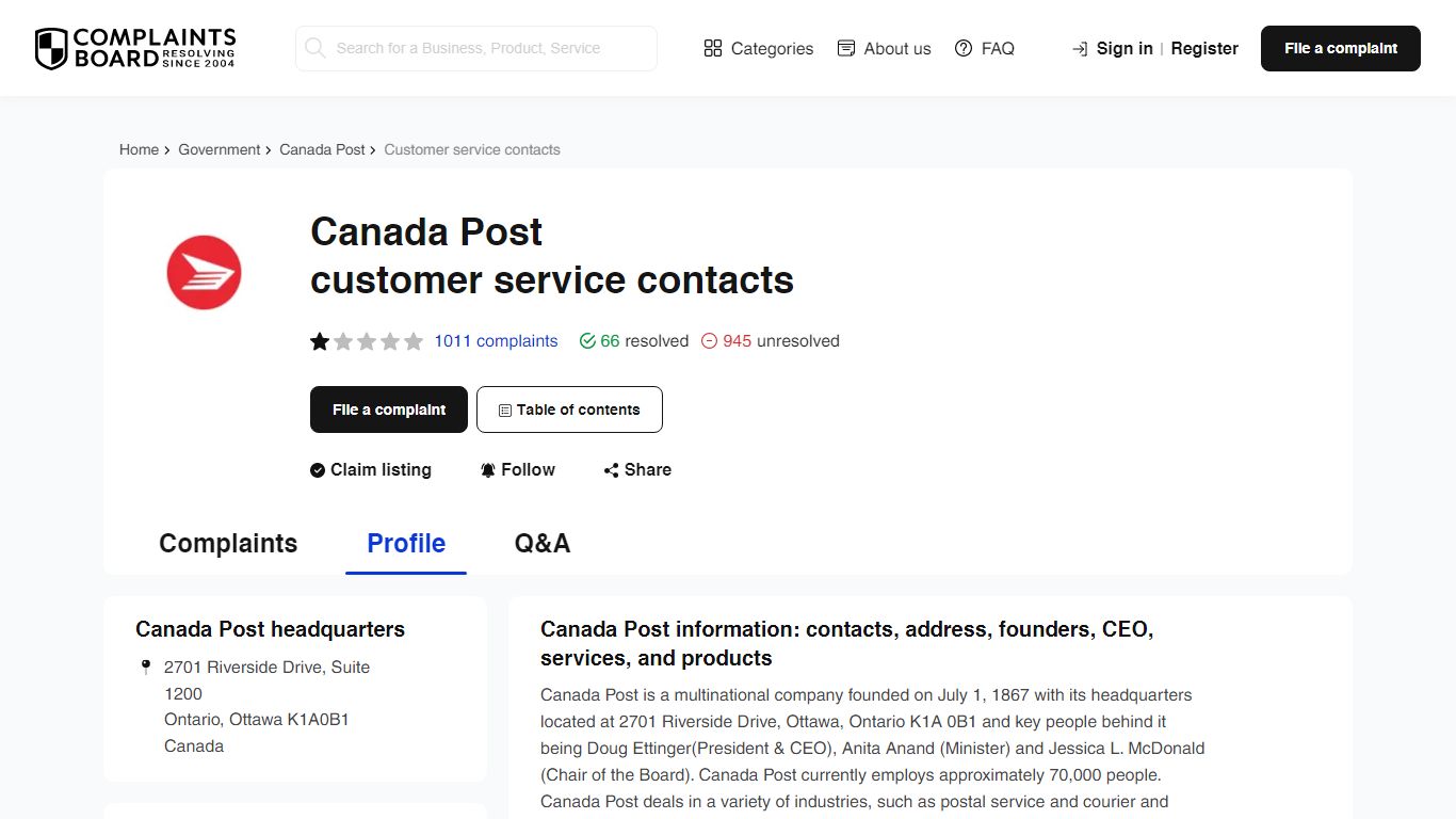 Canada Post Contact Number, Email, Support, Information - Complaints Board